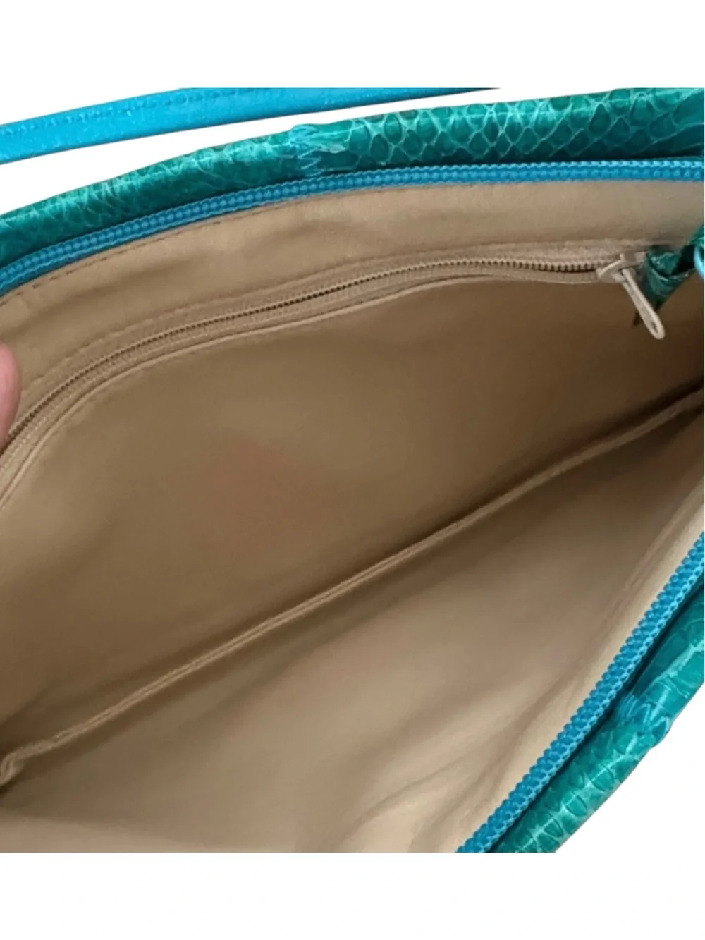 Vintage 80s Teal Snakeskin Panel Crossbody Clutch Bag Removable Strap Excellent